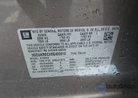 2014 Chevrolet Silverado K1500 Lt from USA, damaged, VIN 3GCUKRECXEG433010